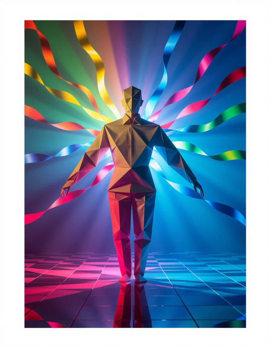 Origami Figure Unfolding in Vibrant Conceptual Art