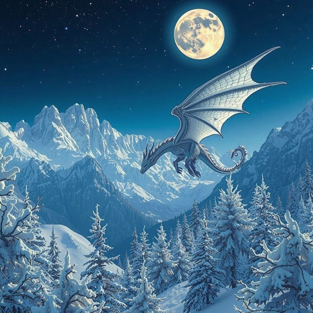 Ethereal Mountainscape with Glowing Moon and Majestic Dragon