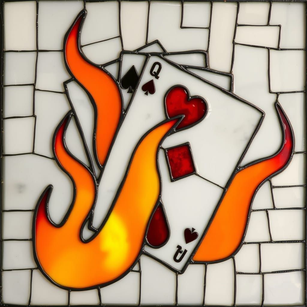 Fiery Stained Glass Mosaic of Playing Cards