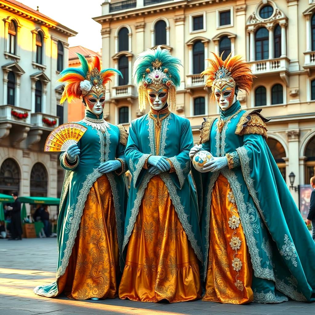 Three elegantly dressed figures in Venetian carnival costume...
