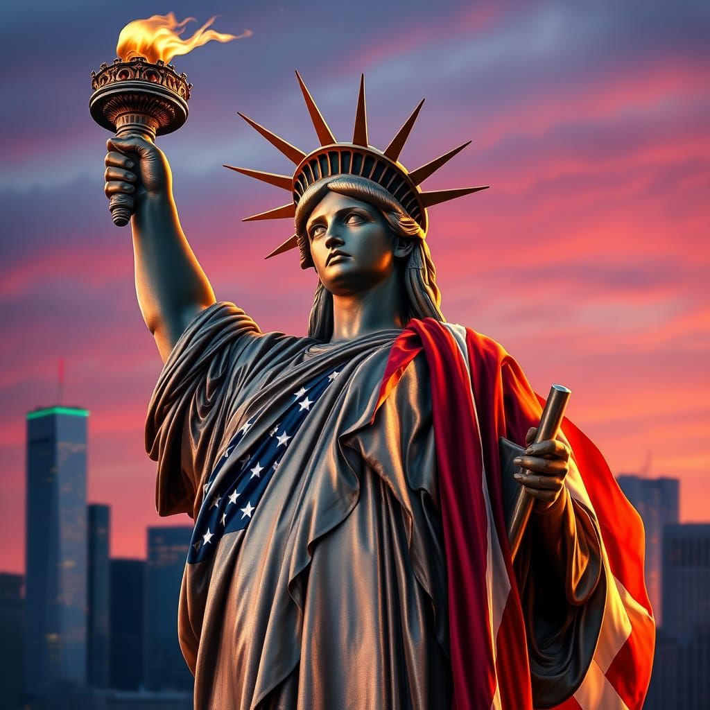 Lady Liberty in Elegant, Wind-Tousled Glory