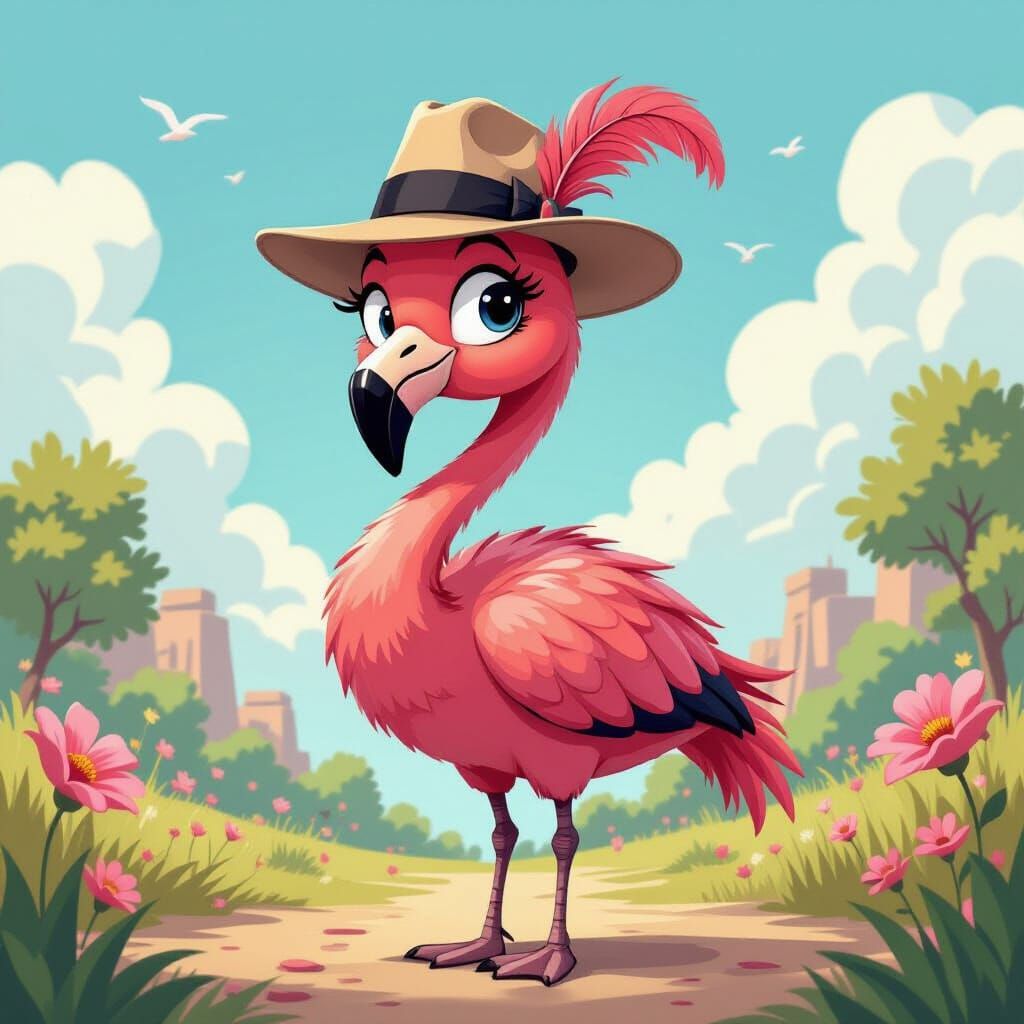 Cartoon Flamingo in Fedora Hat, Whimsical Digital Art