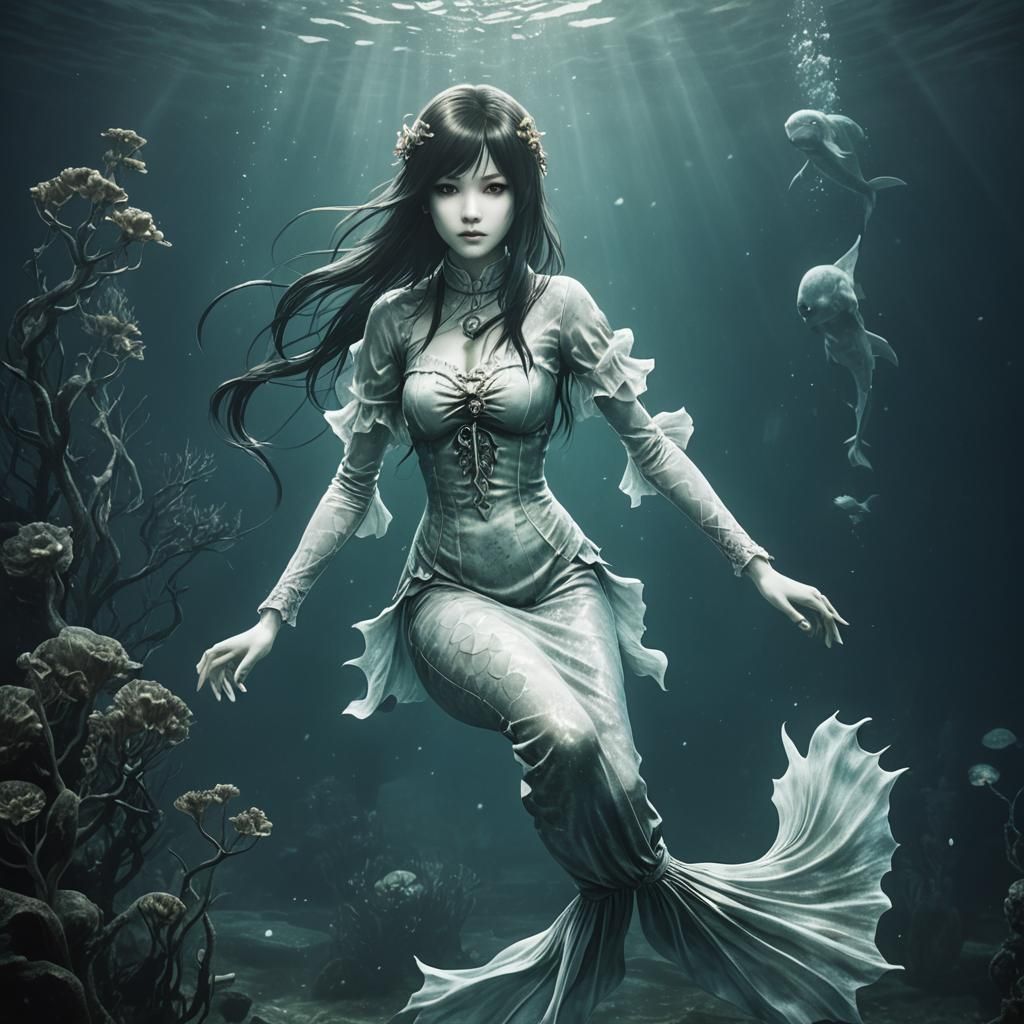 Ethereal Ghost Mermaid in Underwater Horror Scene