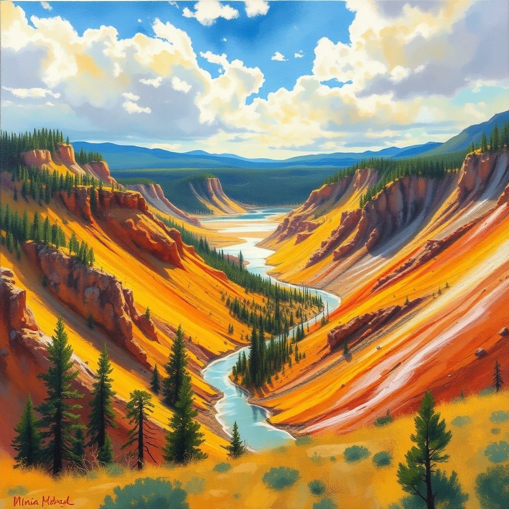 Yellowstone Landscape in Expressive Gouache Style