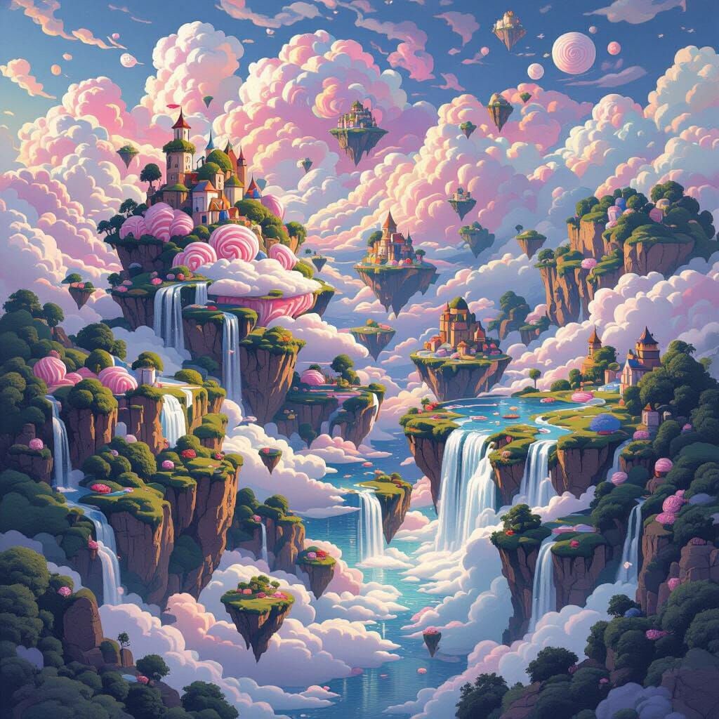 Surreal Floating Islands in Candy Floss Sky