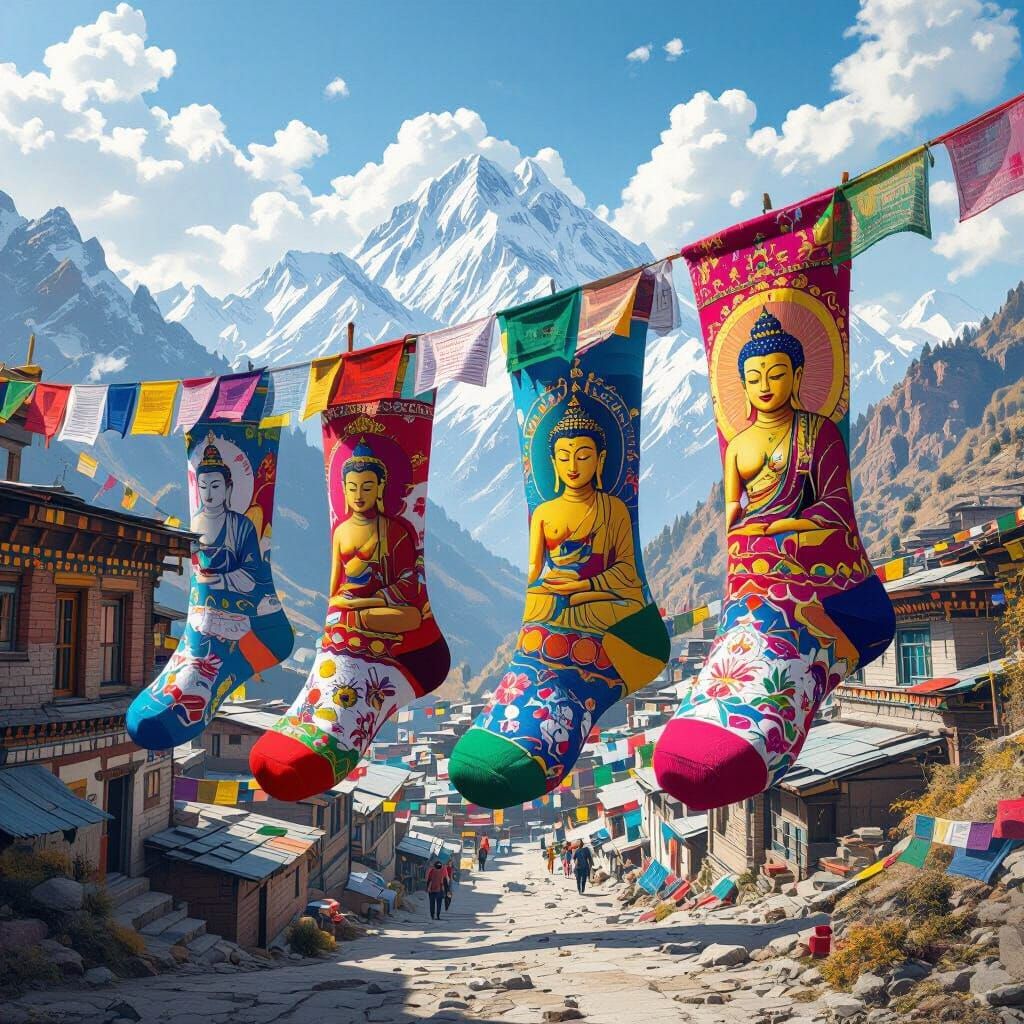 Vibrant Buddha Socks on Prayer Flags, Hyperrealistic Splash ...