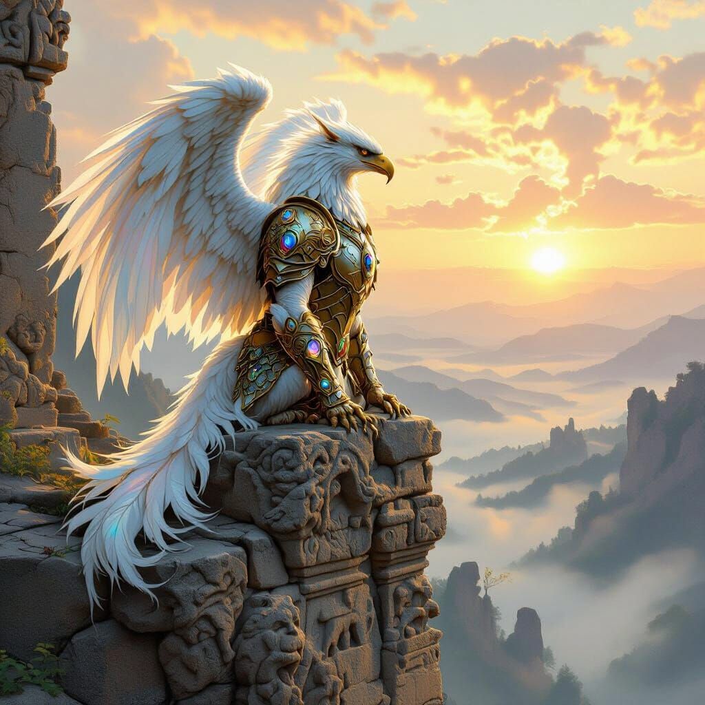 Majestic Griffin on Ancient Ruin at Dawn