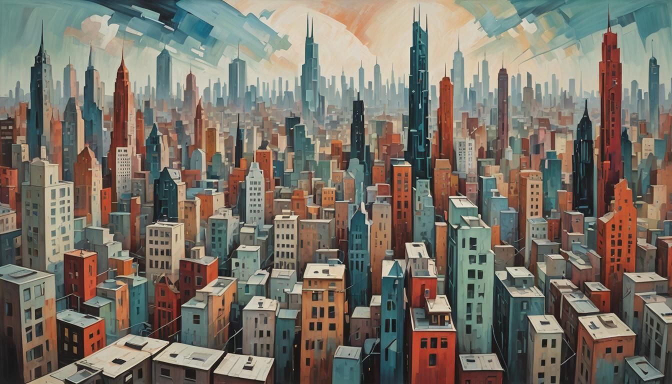 Distorted Cityscape in Abstract Expressionist Style