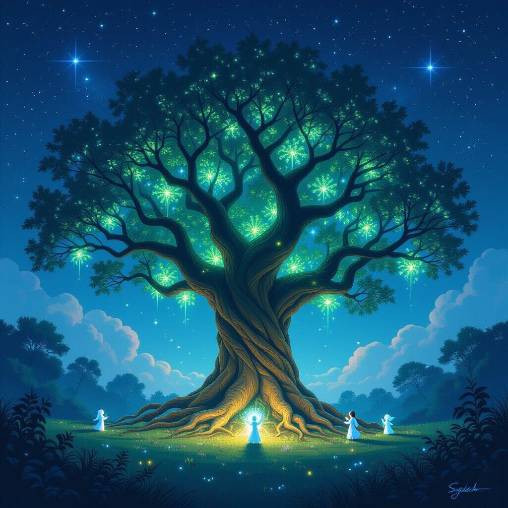 Bioluminescent Ancient Tree in Mystical Landscape