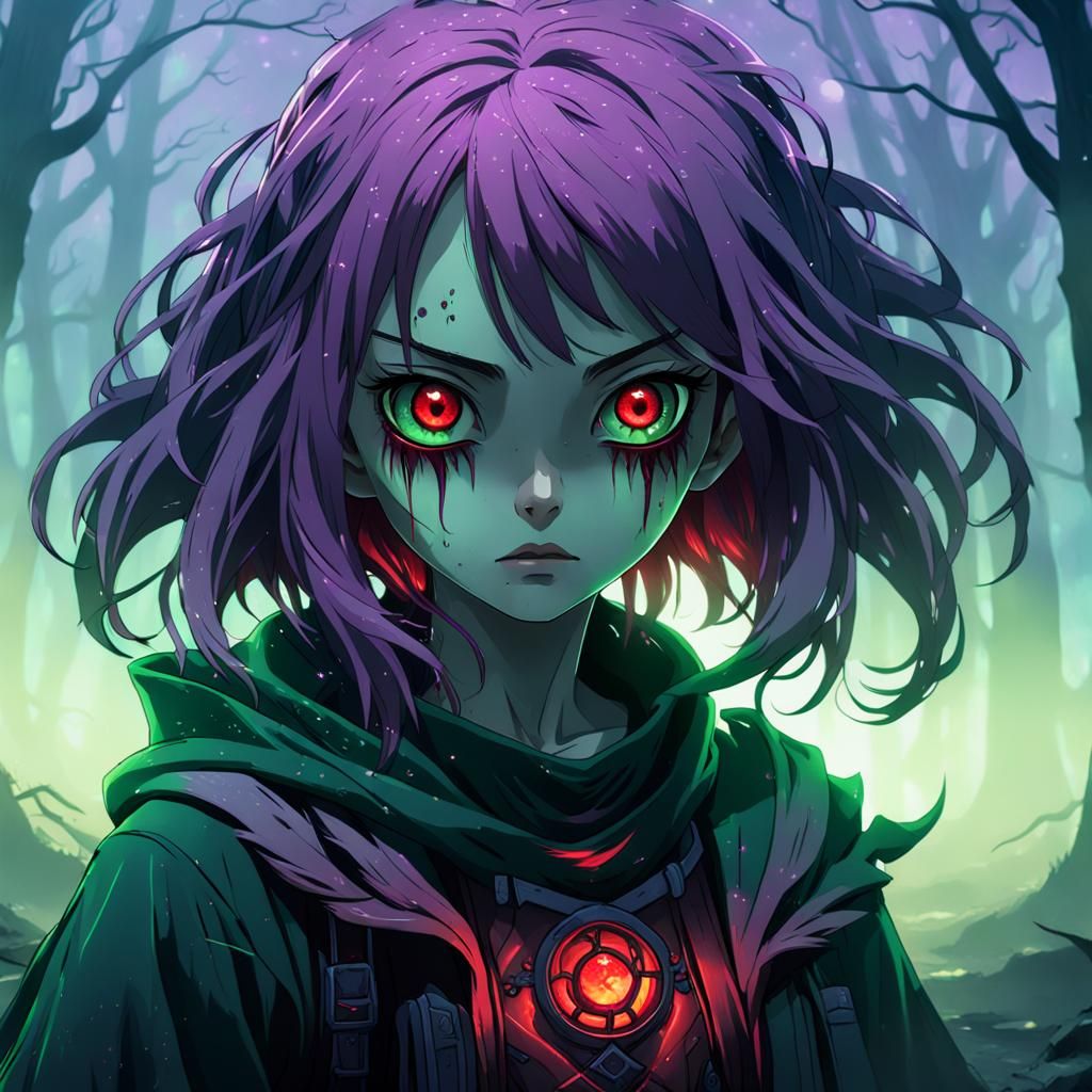 A cute realistic anime girl with evil expression and dark aura
