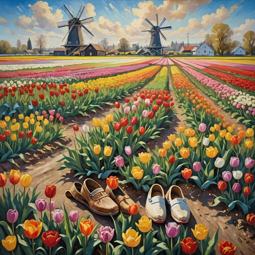 Idyllic Tulip Field with Dutch Shoes: Impressionist Landscap...