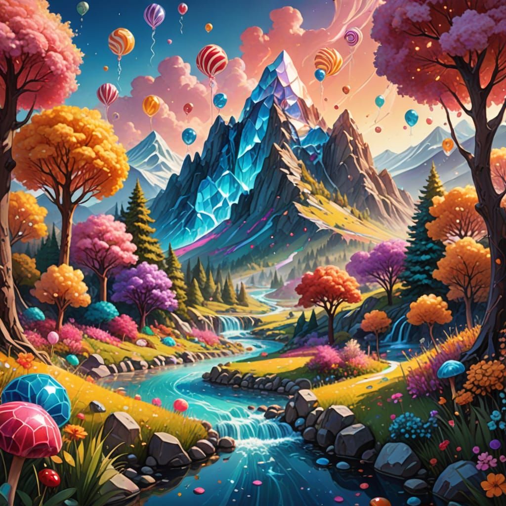 Dreamlike Landscape with Giant Crystal Rock Candy Mountain