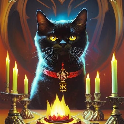 Surreal Gothic Portrait of a Wizard Cat Over a Blazing Red P...