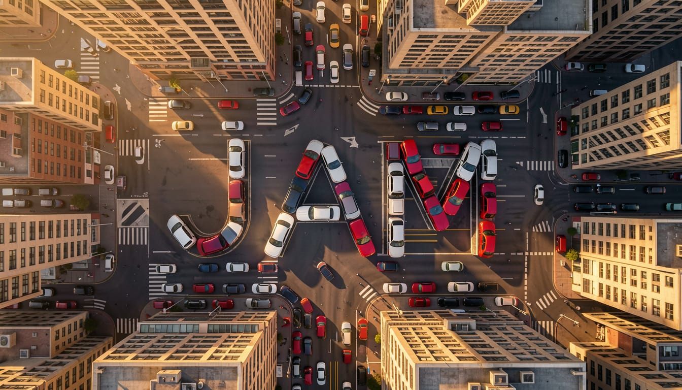 Cars Form 'JAM' in Hyperrealistic Traffic Jam Aerial View