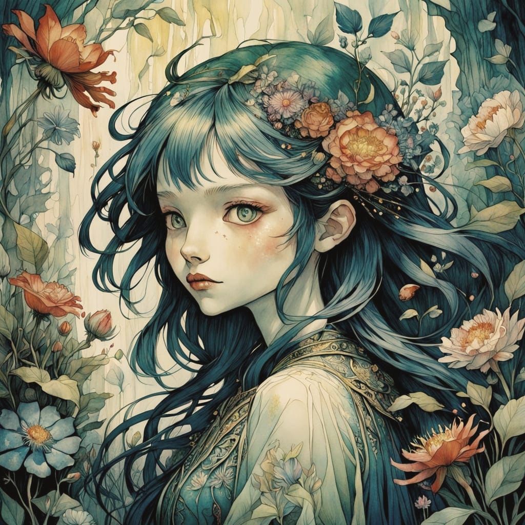 A Girl Picking Flowers in a Vibrant Garden