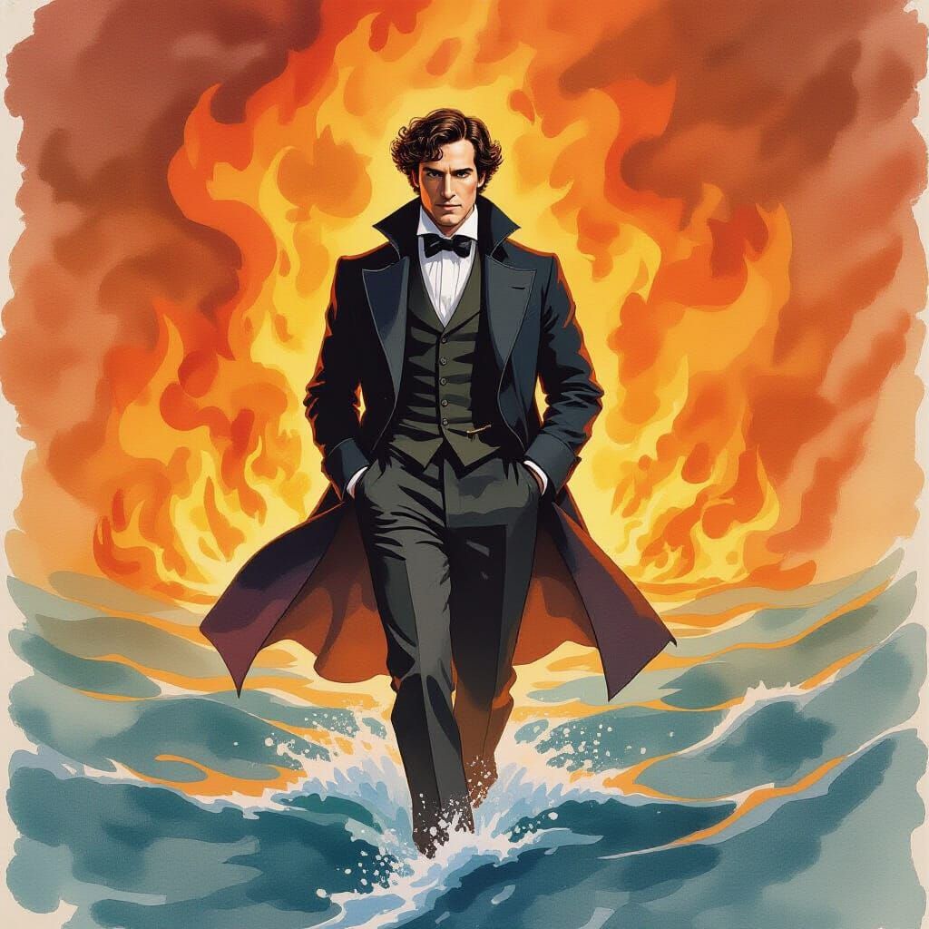 Sherlock Holmes in Sea of Fire: Neoclassical Watercolor