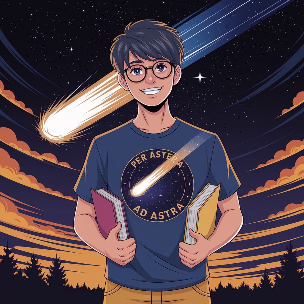 Anime Teenager Stands Amongst Starry Night Sky with Books an...
