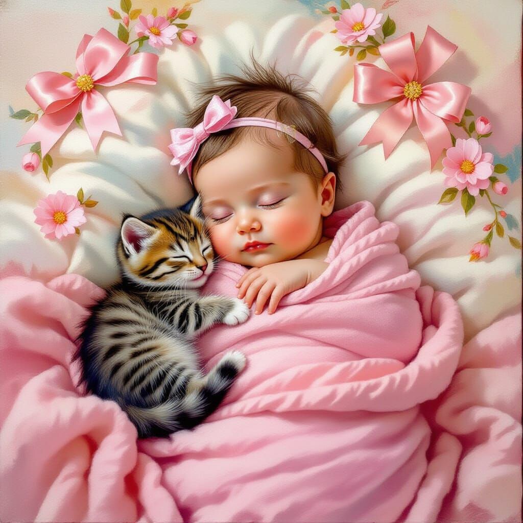 Newborn Baby and Kitten in Dreamy Oil Painting