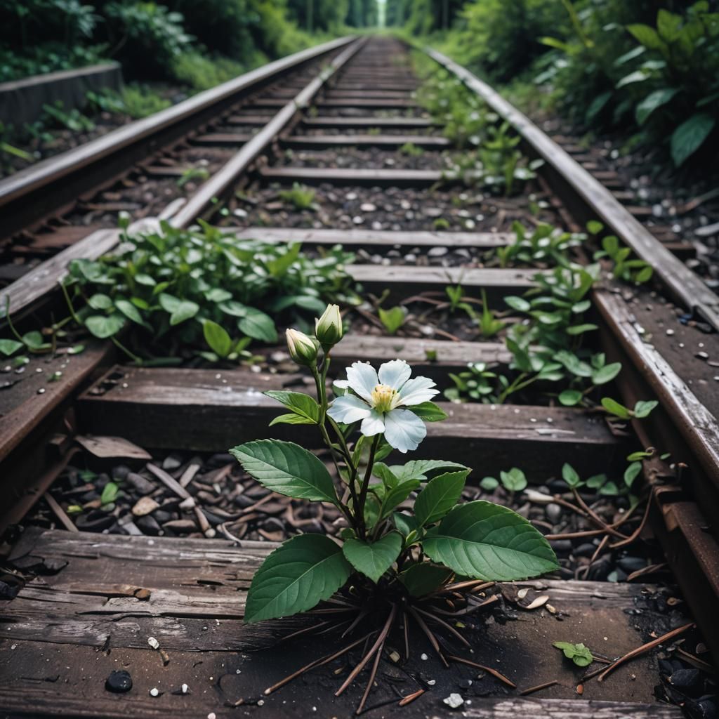 Neon Noir: White Flower on Railway Track