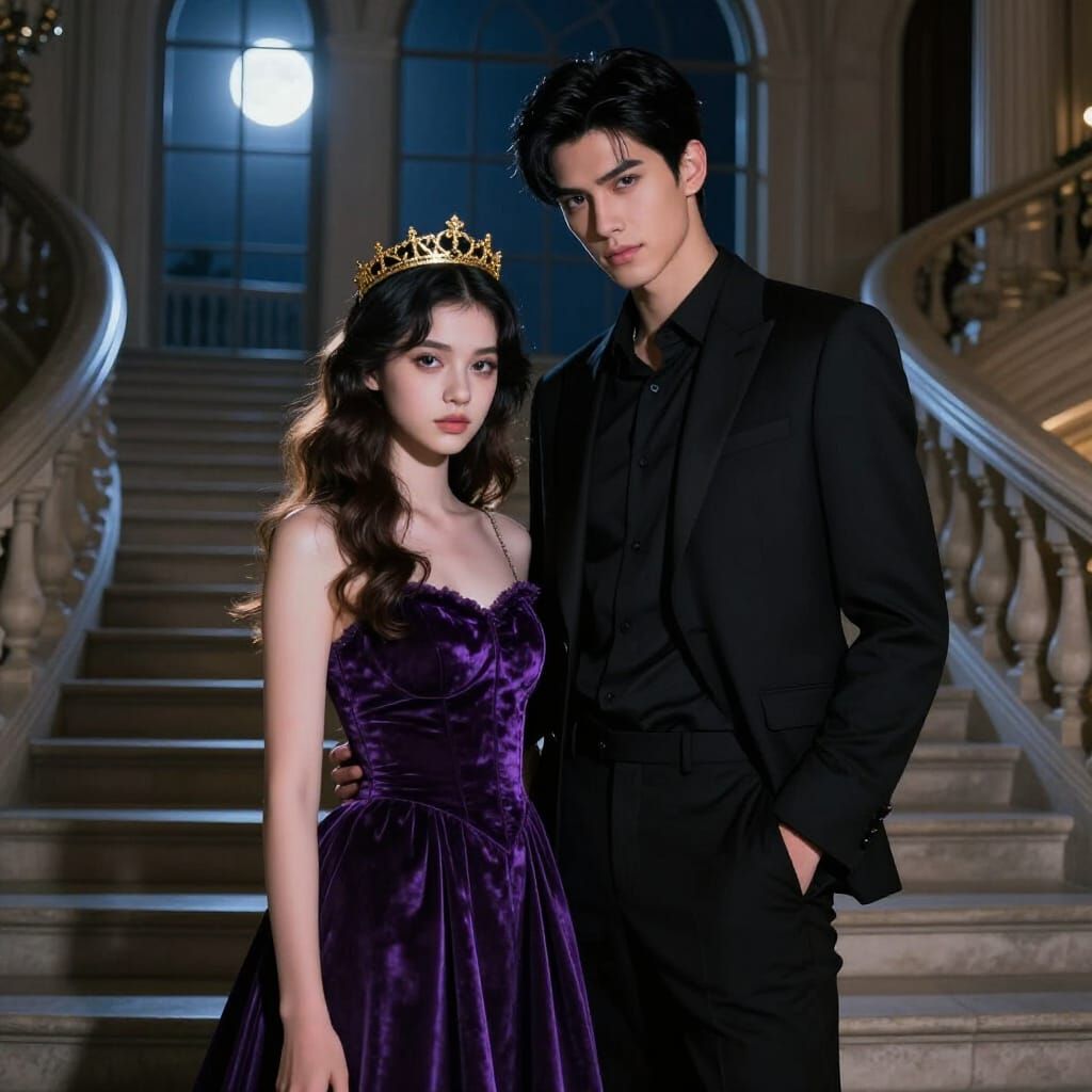 Regal Girl in Velvet Dress on Stone Staircase