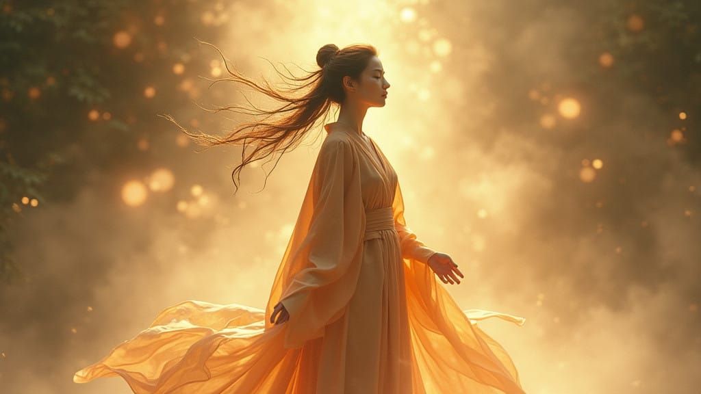 Singer in Chinese Silk Robes Illuminated by Ethereal Aura