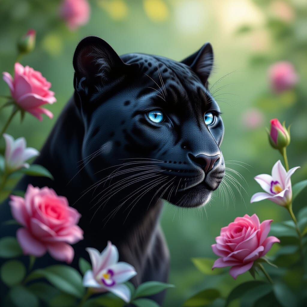A hyper-realistic 3D rendering of a stunning black Panther portrait, focusing on its elegant head in a three-quarter pro...