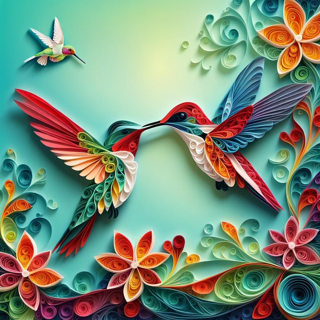 Colorful Quilled Paper Hummingbird Digital Art