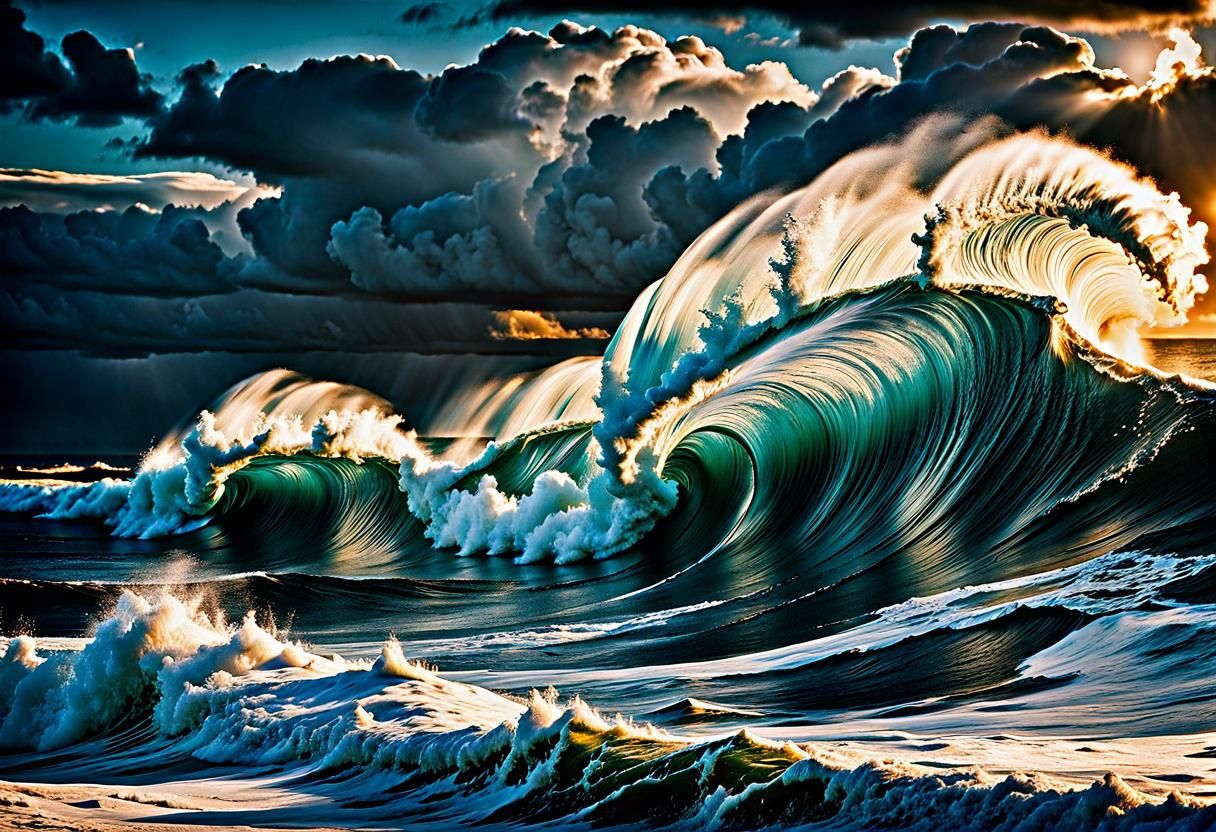 Ocean Storm Waves at Sunset: Vintage Art Masterpiece