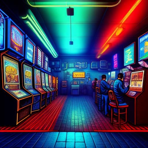 Cinematic Pixel Art Arcade Center Scene