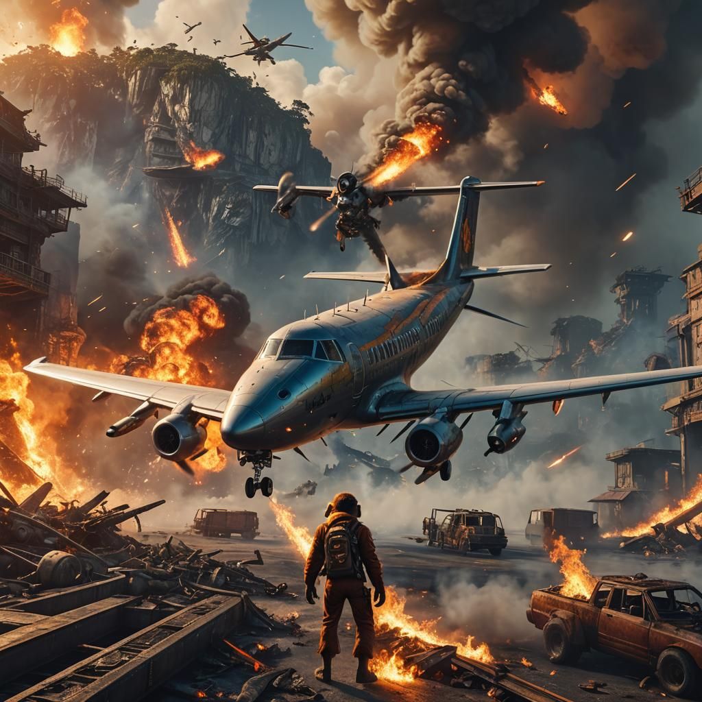 Monkey in Front of Burning Plane, Detailed Matte Painting