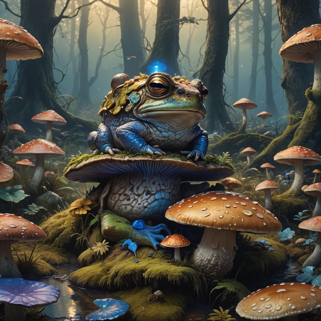 Toad on Mushroom in Misty Forest: Fantasy Art