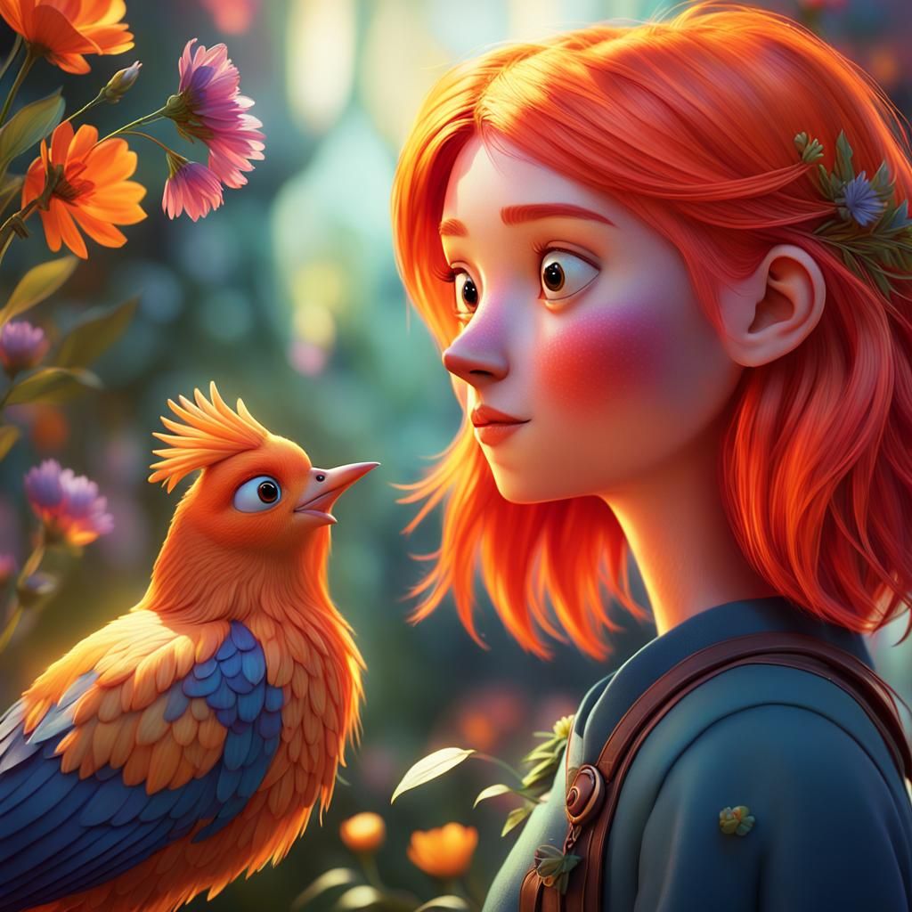 Scottish Girl and Bird Chat: Whimsical 3D Digital Art