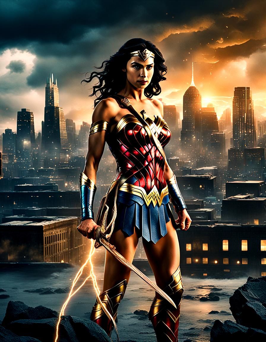Morena Baccarin as Wonder Woman in Stormy Cityscape
