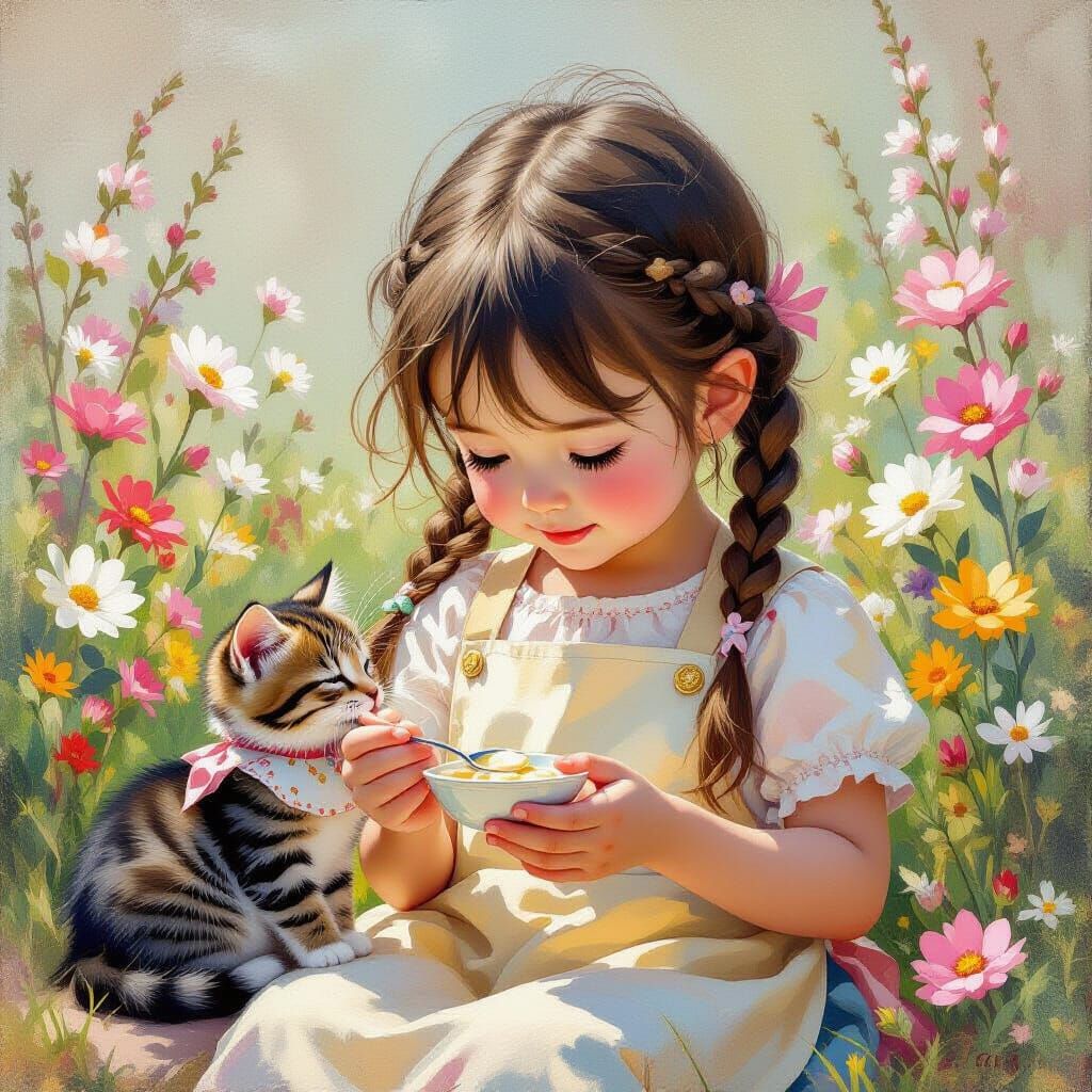 Girl Feeding Kitten Amidst Spring Flowers in Neo-Impressioni...