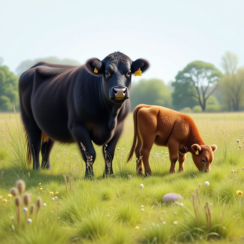 Grazing Cows in a Sunny Watercolor Landscape