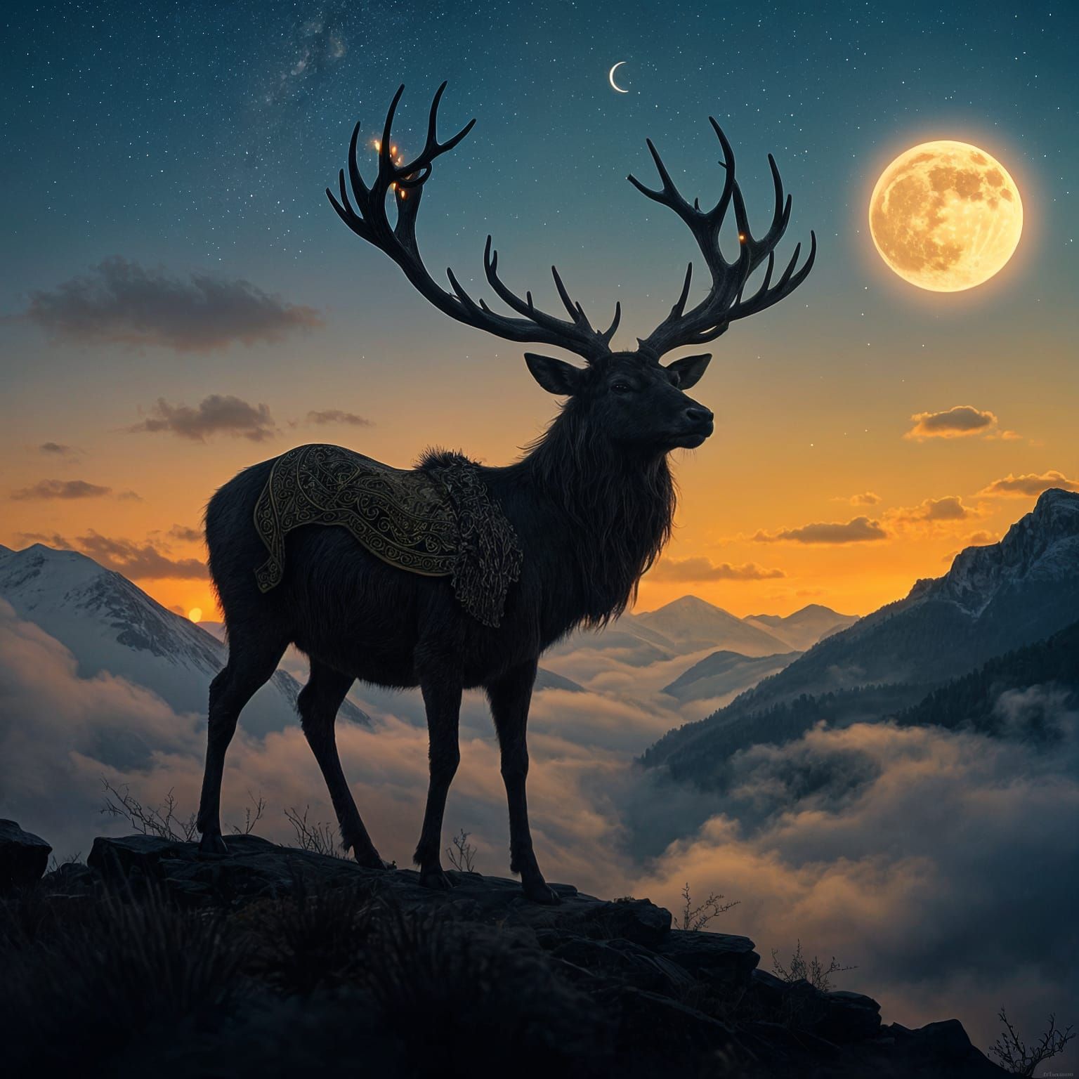 Constellation Stag Silhouette in Art Nouveau Style