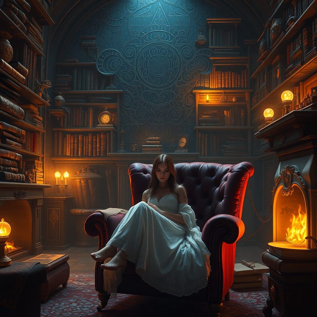 Enchanting Woman in Cozy, Golden-Lit Study