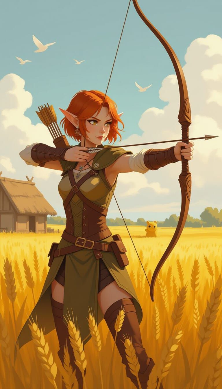 Elf Archer in Golden Field: Impressionistic Digital Art