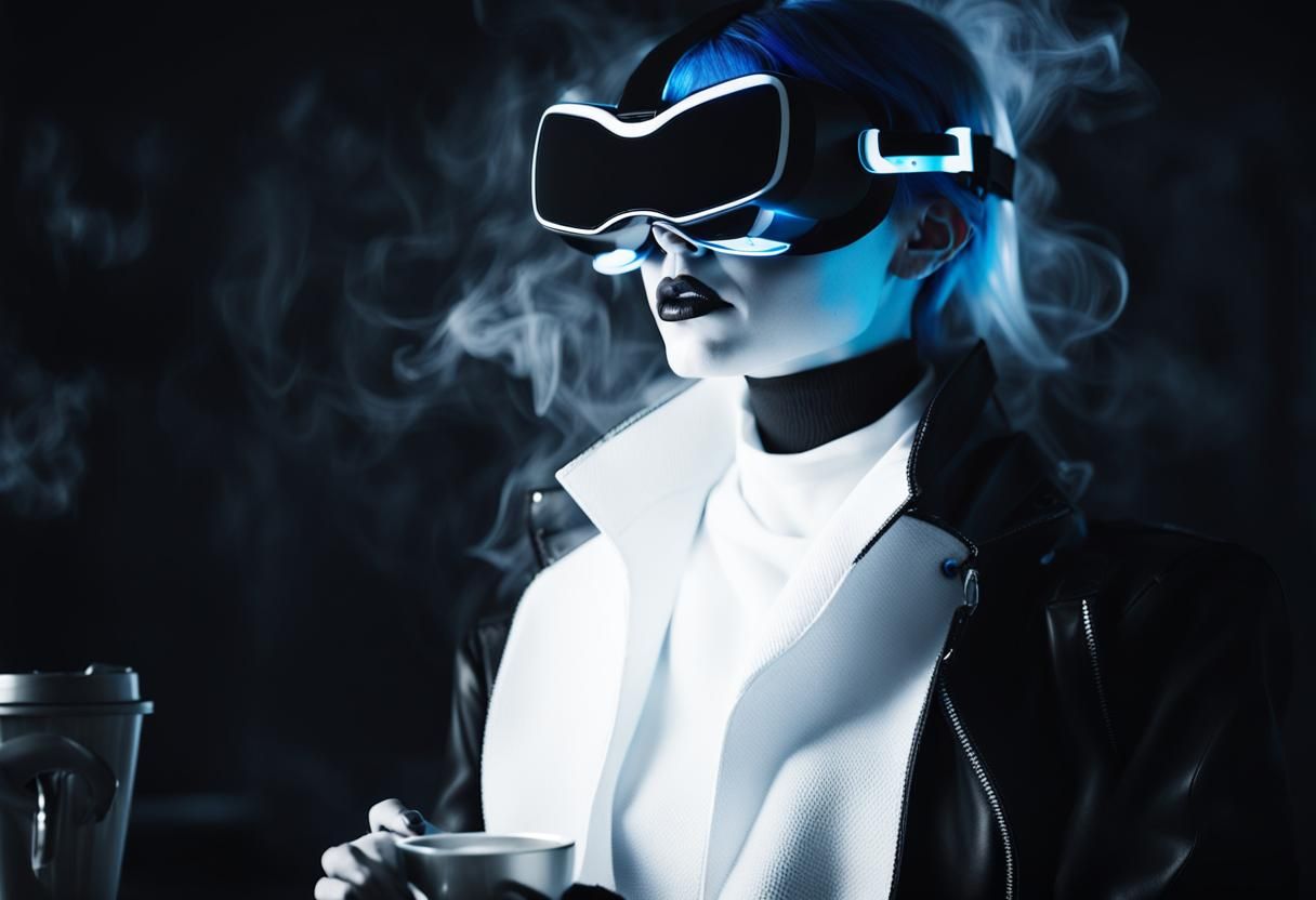 Futuristic Goth Model in VR Goggles, Black and White