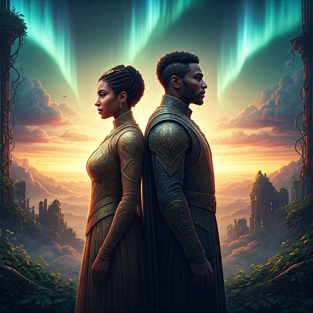 Ornate Figures in Mystical Dreamscape: Matte Painting