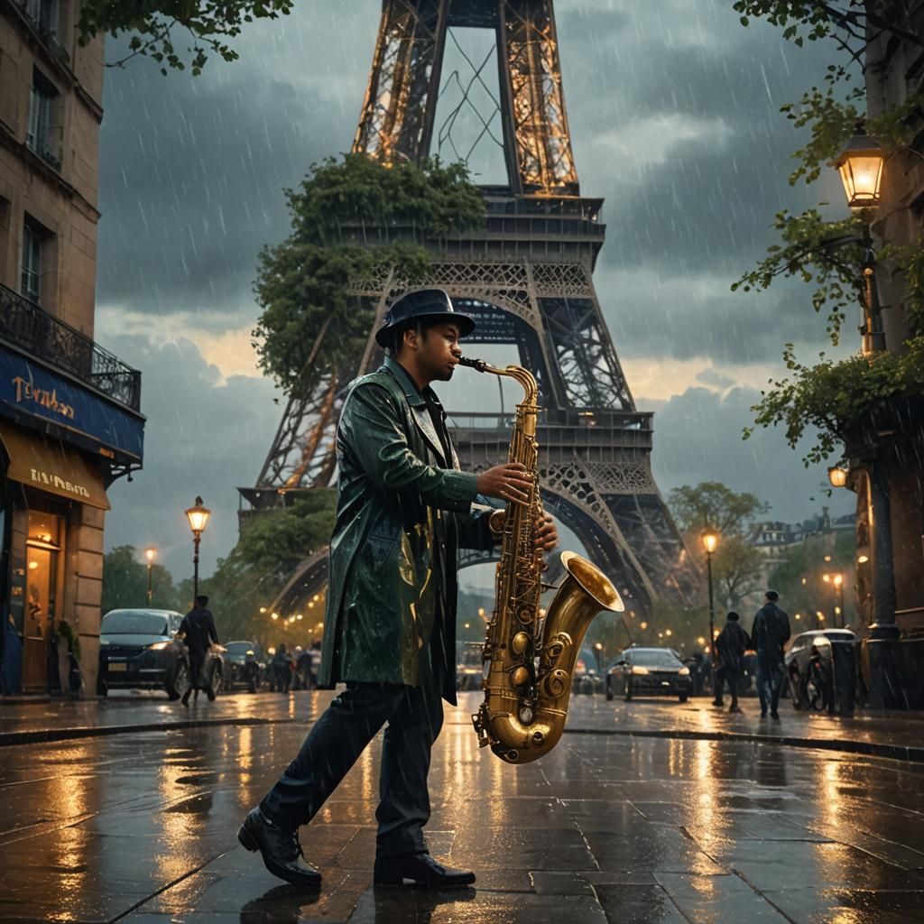 Eiffel Tower Saxophonist in Rainy, Golden Hour Fantasy