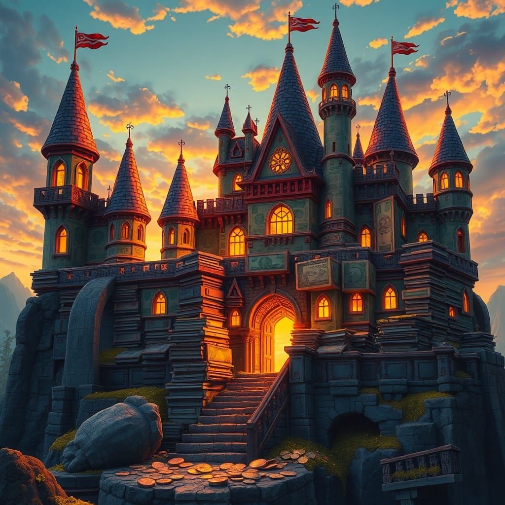 Fantastical Castle of Money Illuminated by Golden Hour
