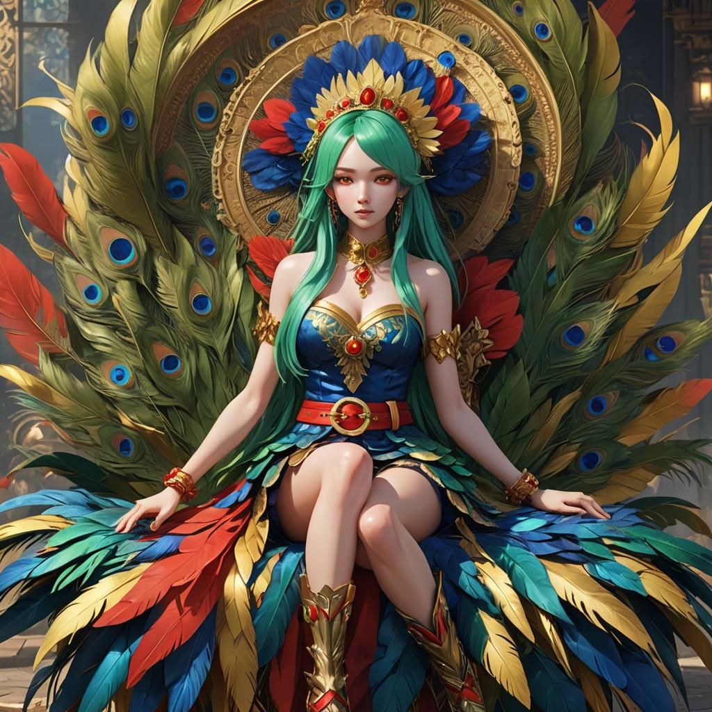 Anime Style Maiden on Peacock Feather Throne