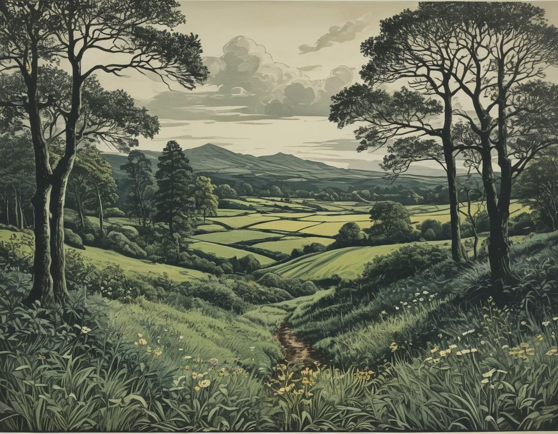Landscape Art in Vibrant Linocut Style