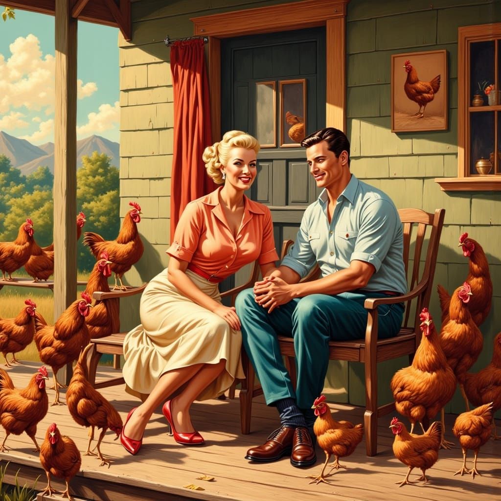 1950s Couple and Chickens on Porch in Vintage Style