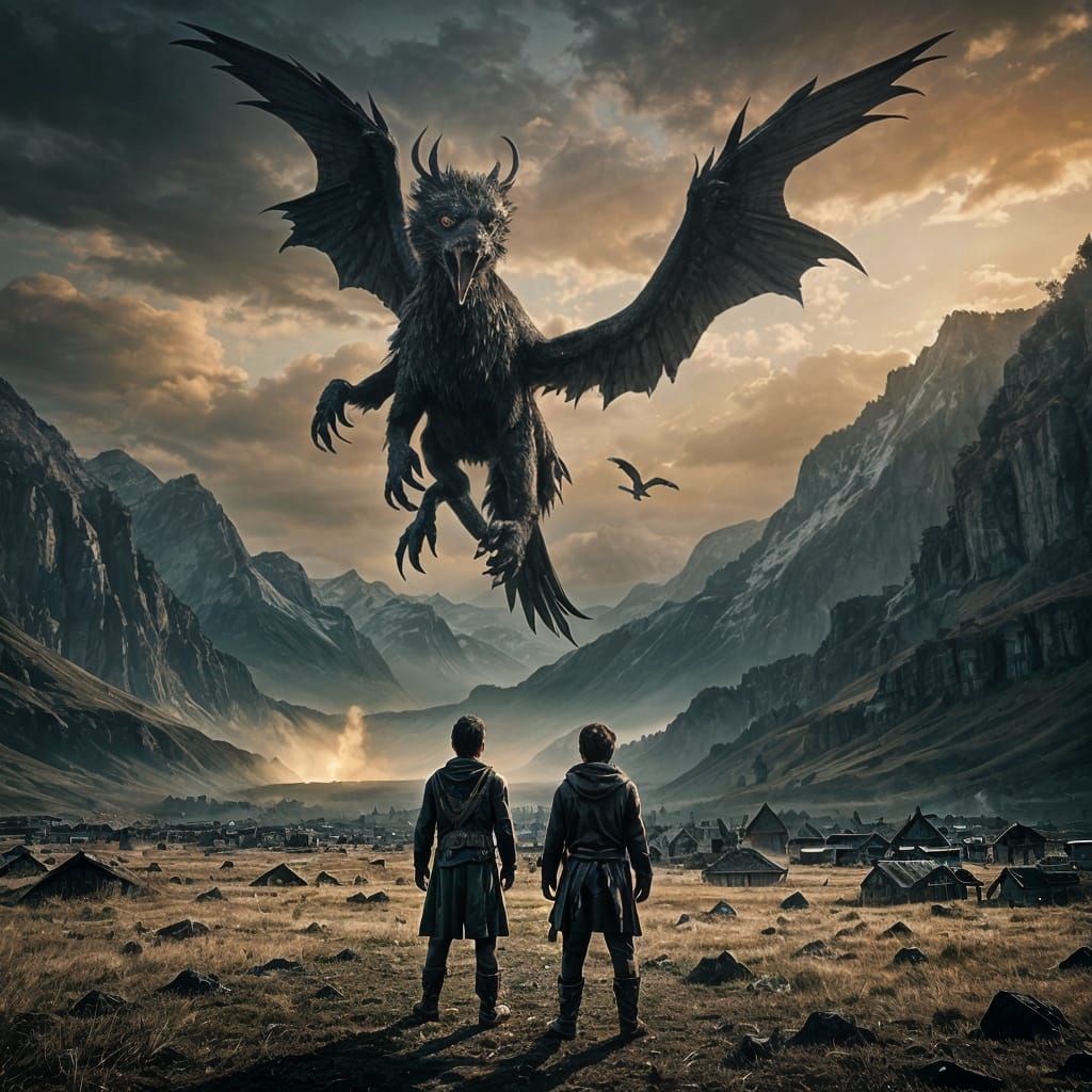 Furious Black Garuda Soaring Over Terrified Villager