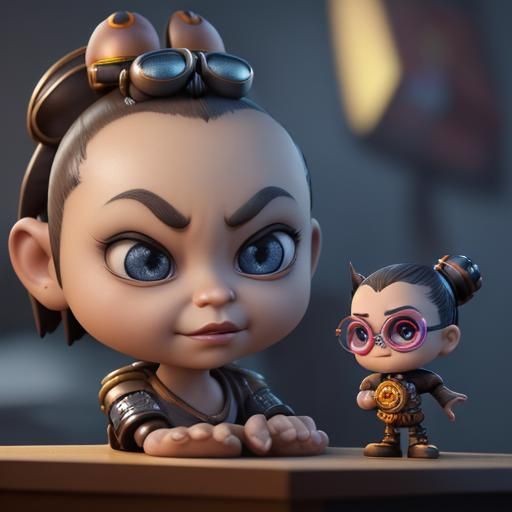 Cute Oni Bobblehead on Desk in Pixar Style