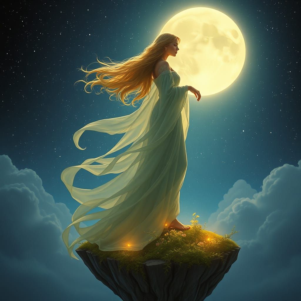 Goddess on Floating Island in Art Nouveau Style