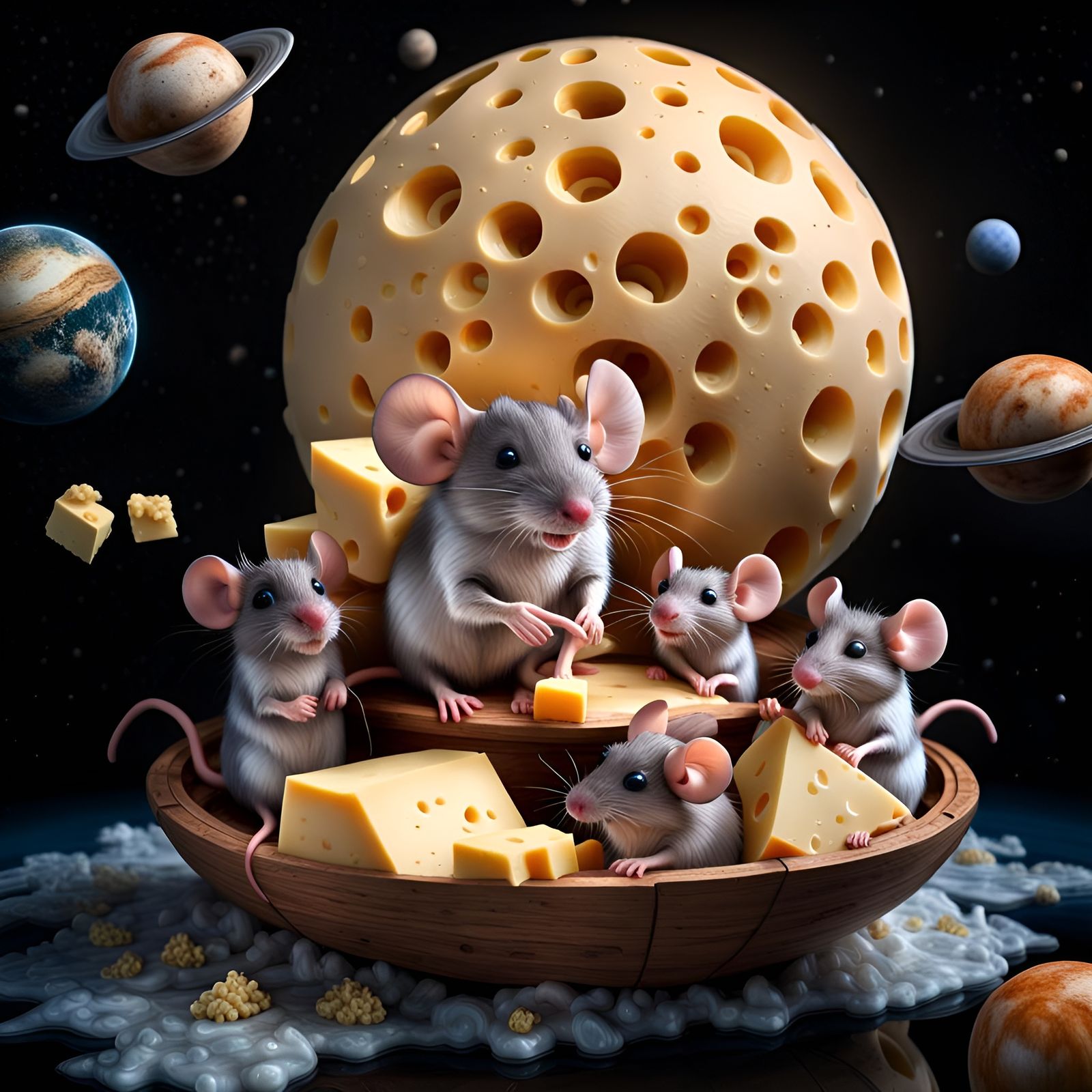 Cosmic Cheese Market with Mice in Space