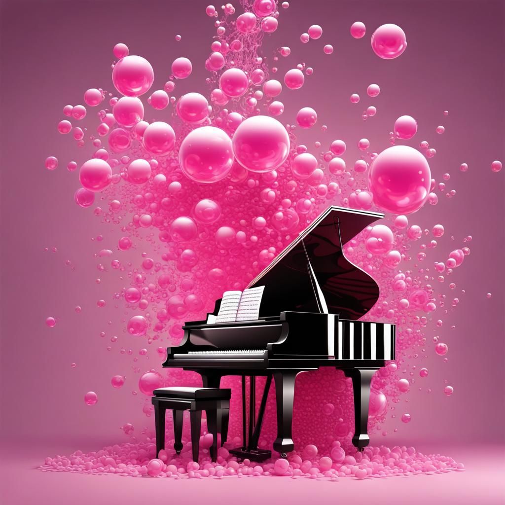 Piano Exploding into Pink Bubbles with Fractal Art